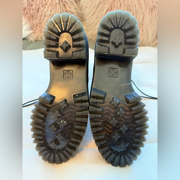 Dr. Martens Black Leather Lace-Up Platform Combat Boots Yellow Stitching - Picture 3 of 6